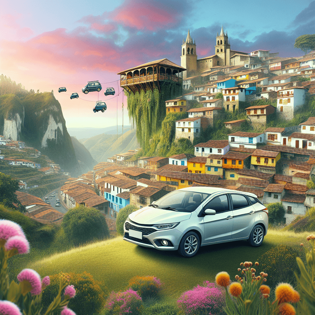 City car in scenic Cuenca with hanging houses at sunrise