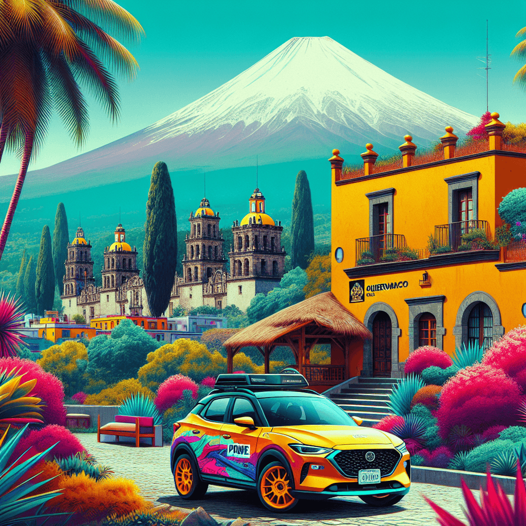 Urban car, tropical plants, colonial hacienda, snow-capped Popocatepetl
