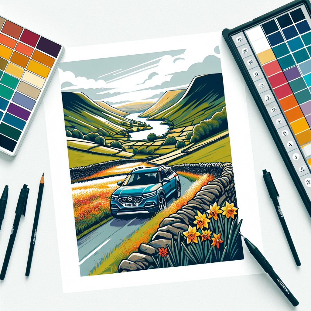 City car cruising through vibrant Cumbrian landscape with daffodils