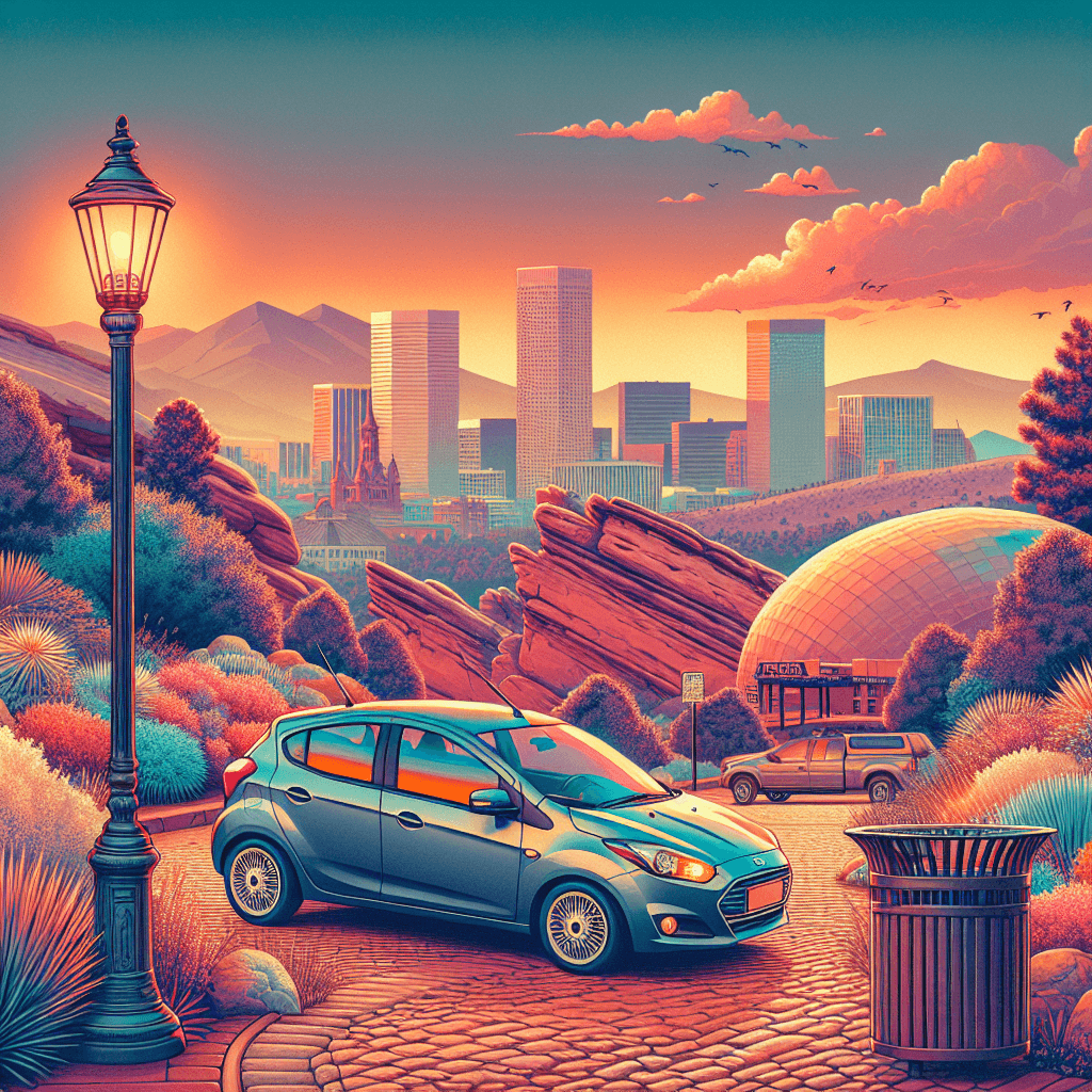 City car, Denver skyline, sunrise, Red Rocks
