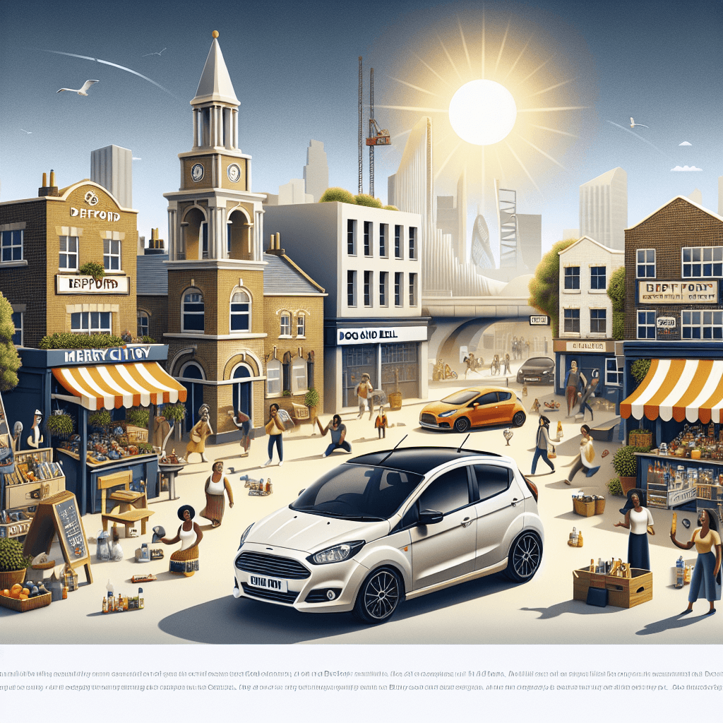 City car amidst Deptford landscape, market stalls, lively crowd, radiant sun