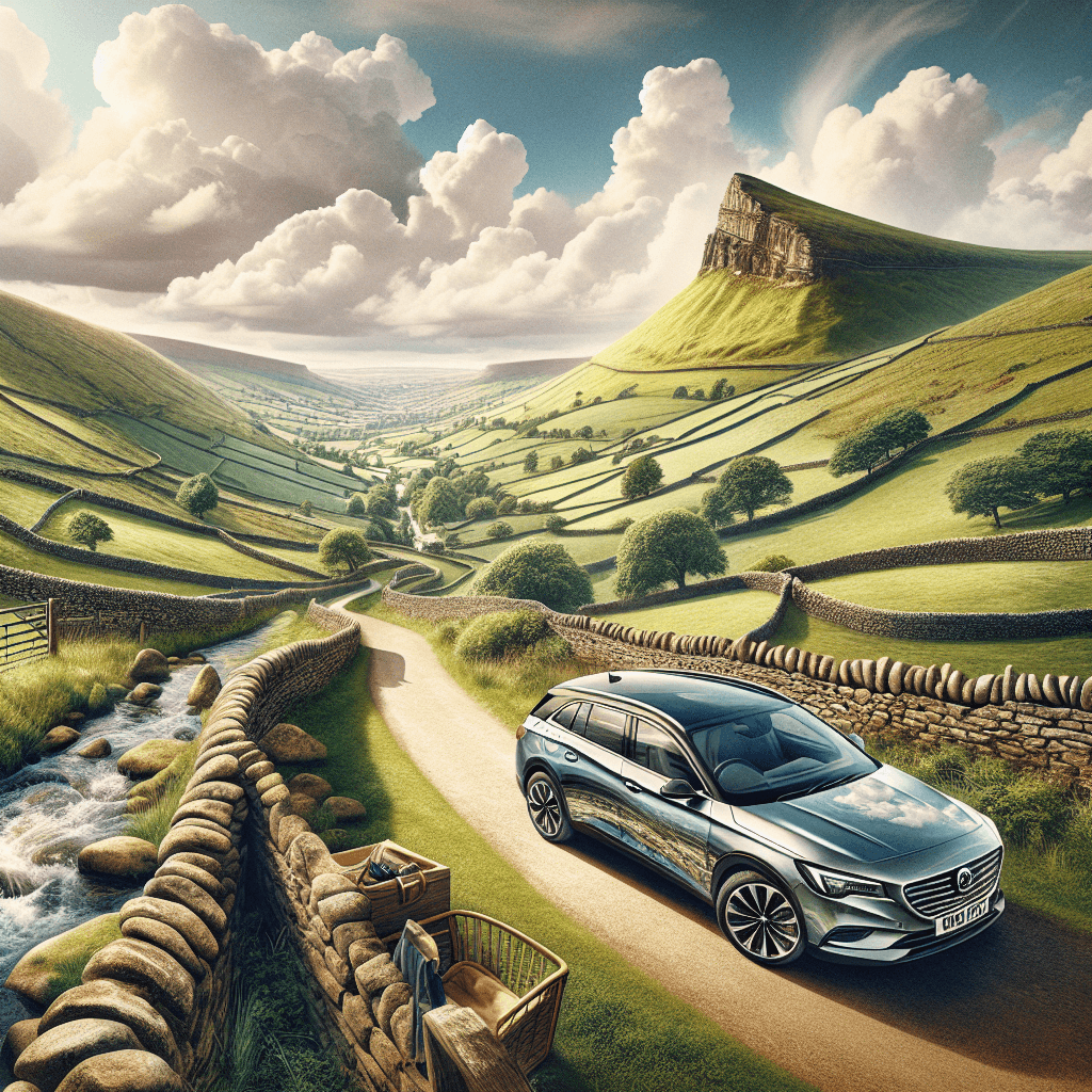 City car on a country path, surrounded by Derbyshire's iconic landscapes