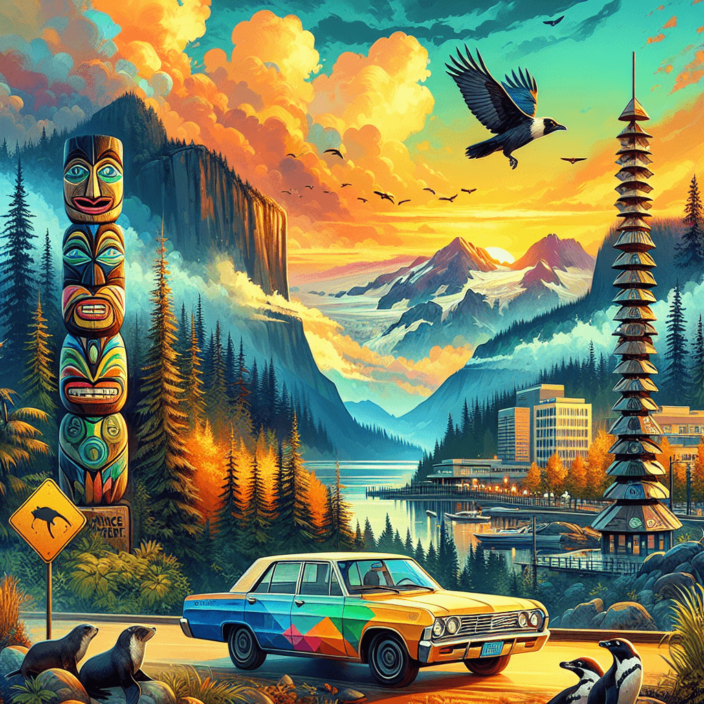 City car in colorful Prince Rupert with totems, mountains and wildlife