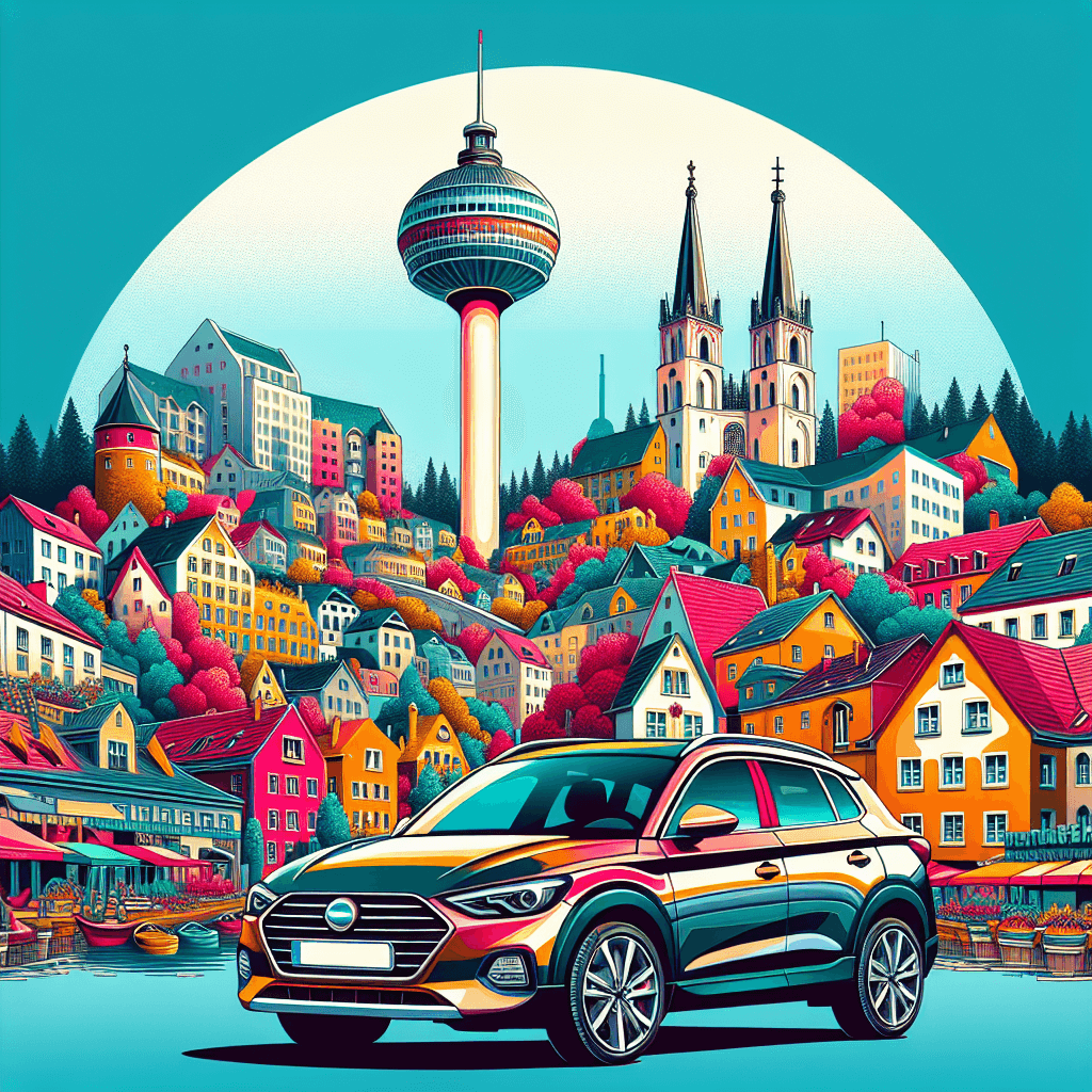 City car near Mulhouse's water tower, red rooftops