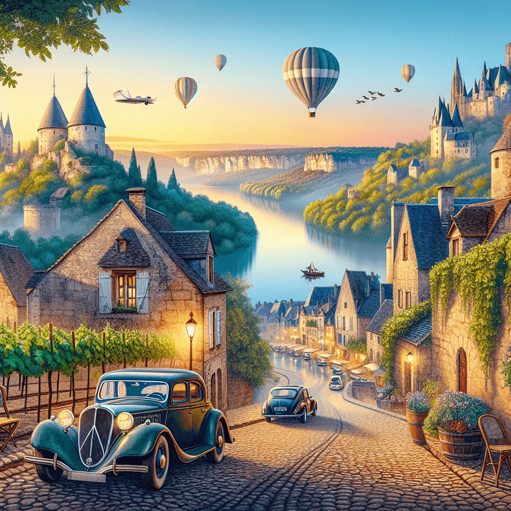 Car in Dordogne sunrise, castles, vineyards, hot air balloons