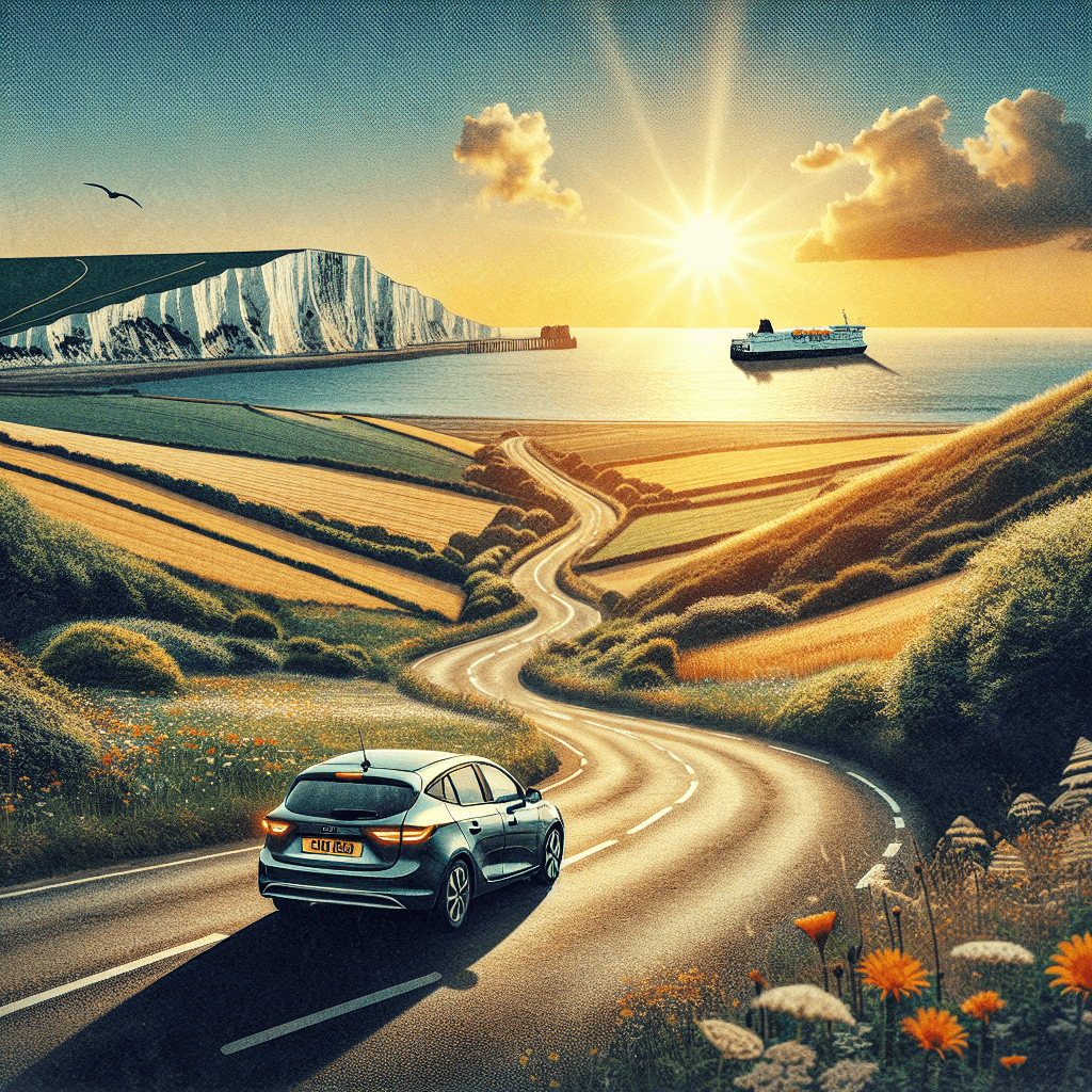 City car on winding road amidst wildflowers, near Dover cliffs with distant ferry