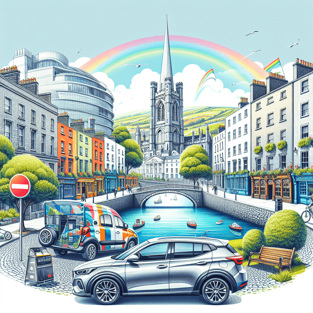 Coche ciudad en Dublín, arco iris y arquitectura georgiana