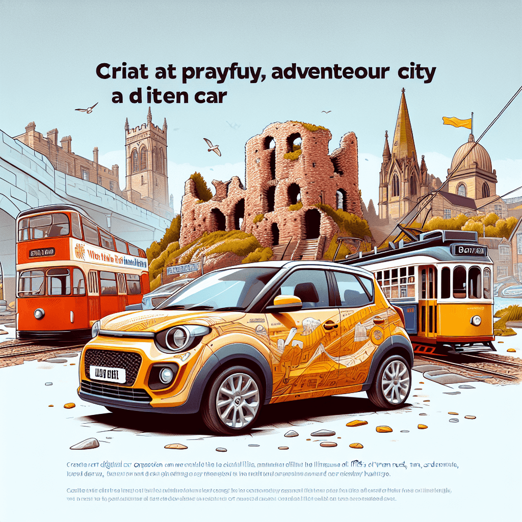 City car amidst Dudley's landmarks, trams and industrial heritage