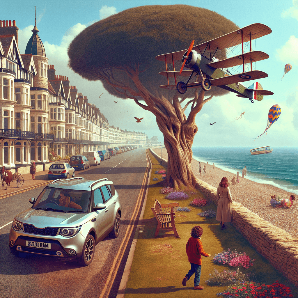 City car under tree on Eastbourne seafront, biplane overhead