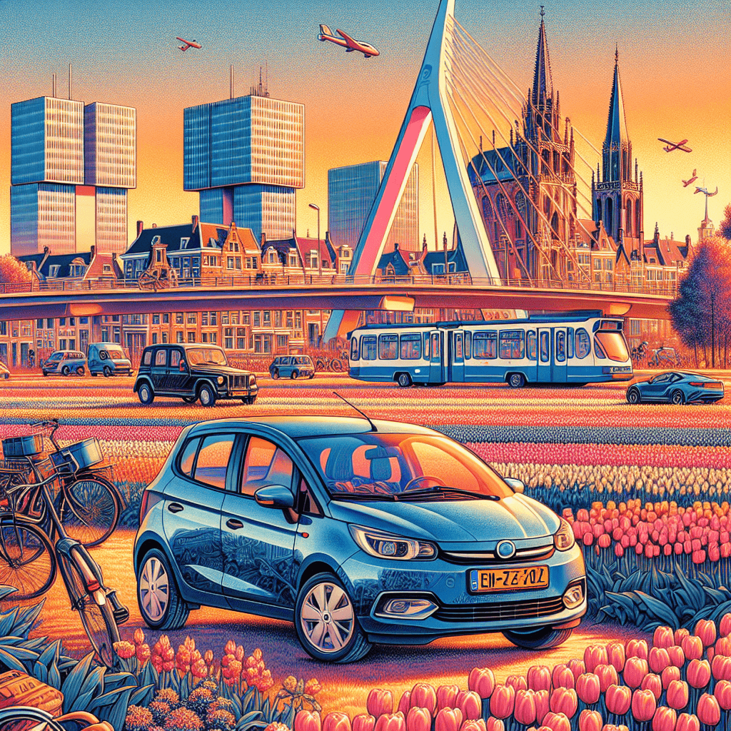 City car among Eindhoven's flyovers, buildings, bicycles and tulip fields at sunset.