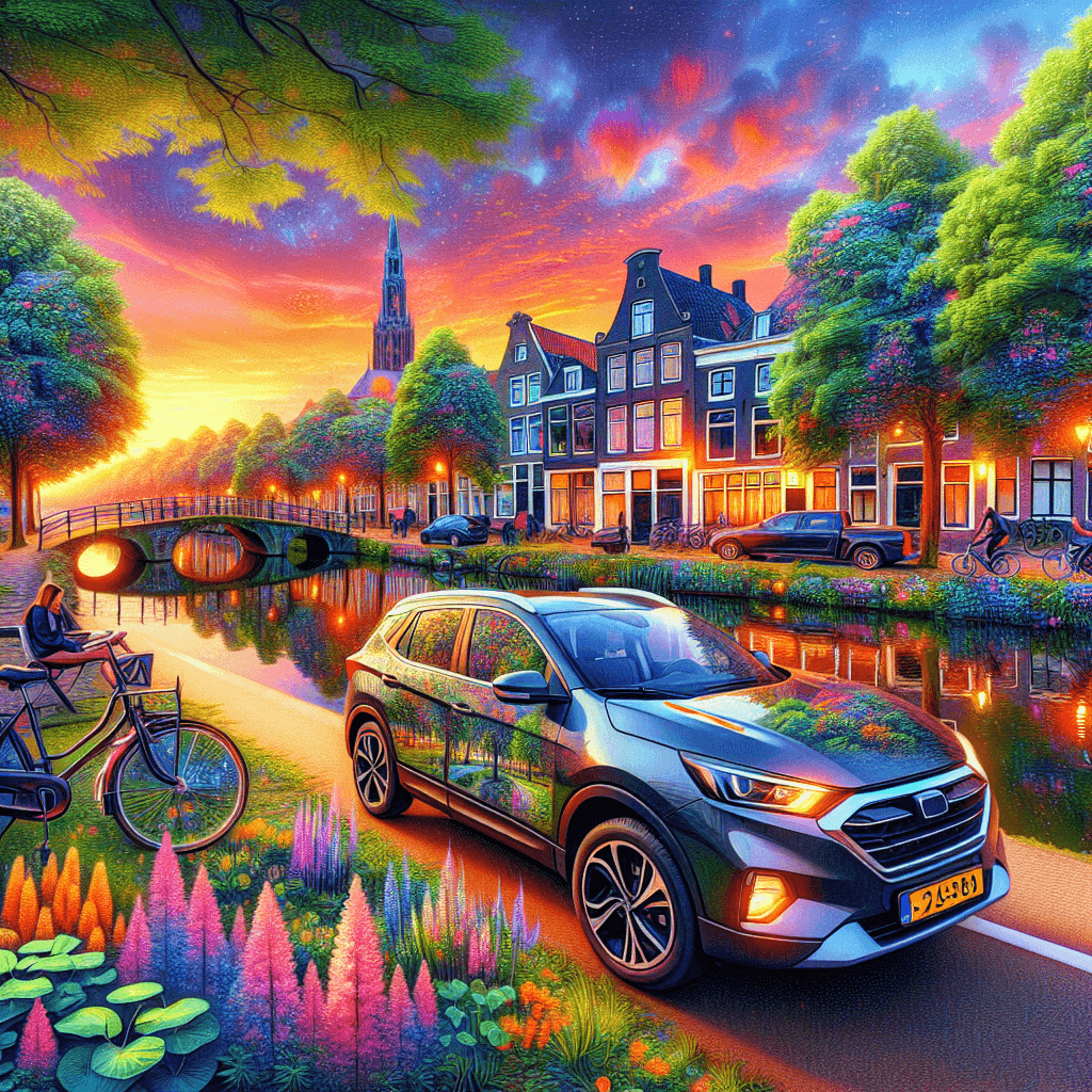 City car amidst blooming flowers, cyclists, vibrant sunset in Enschede