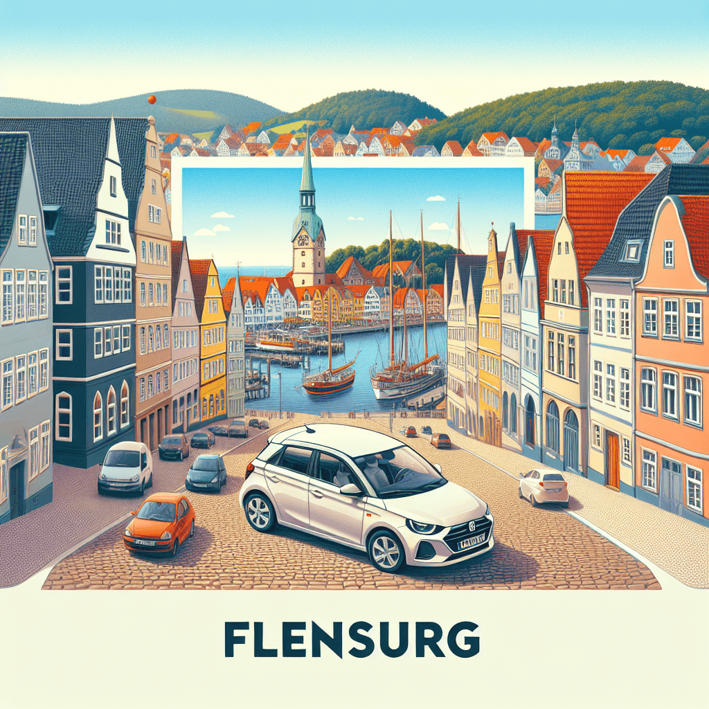 City car, cobblestone streets, maritime buildings, Flensburg harbor