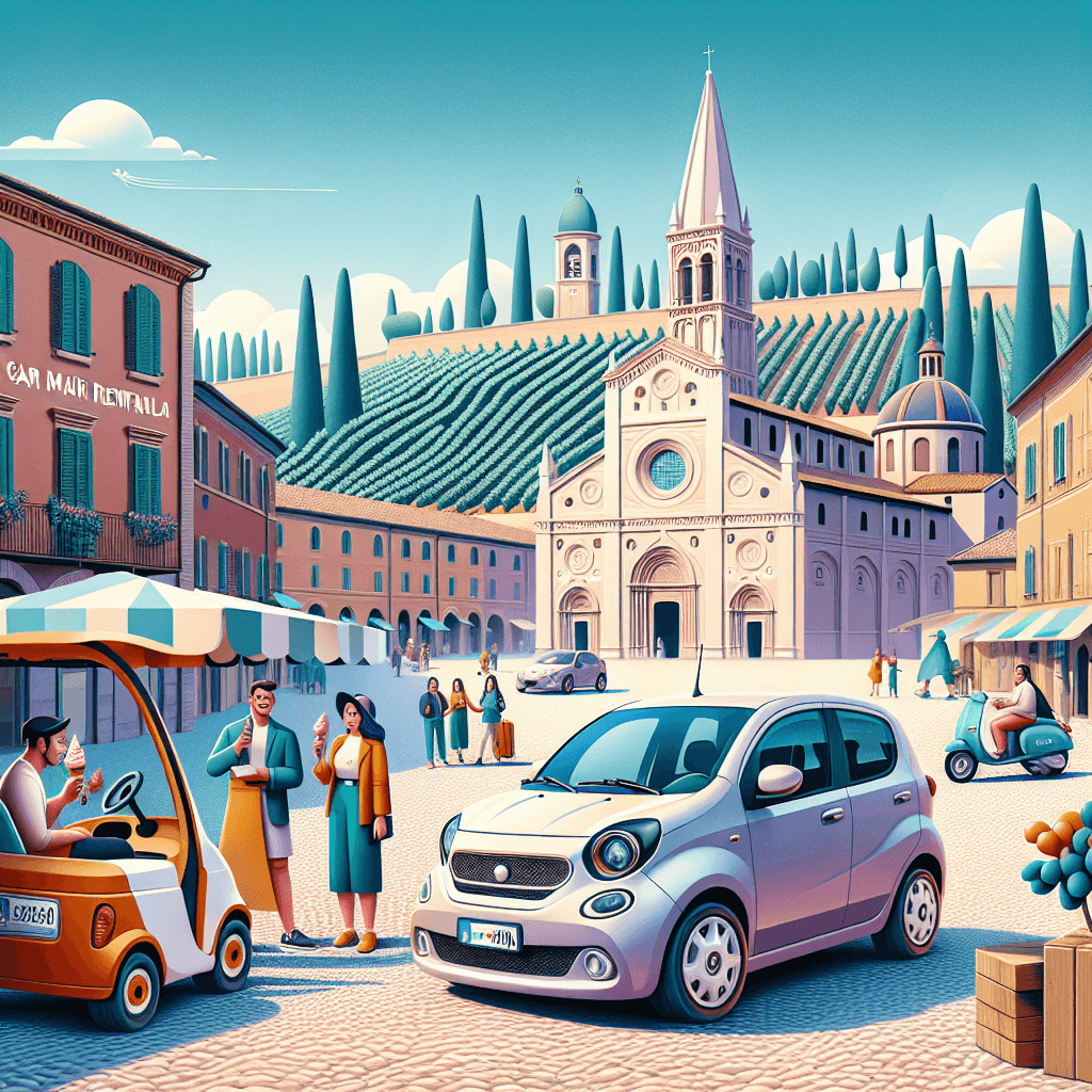 City car near Piazza Saffi, Abbey, vineyard, locals enjoying gelato