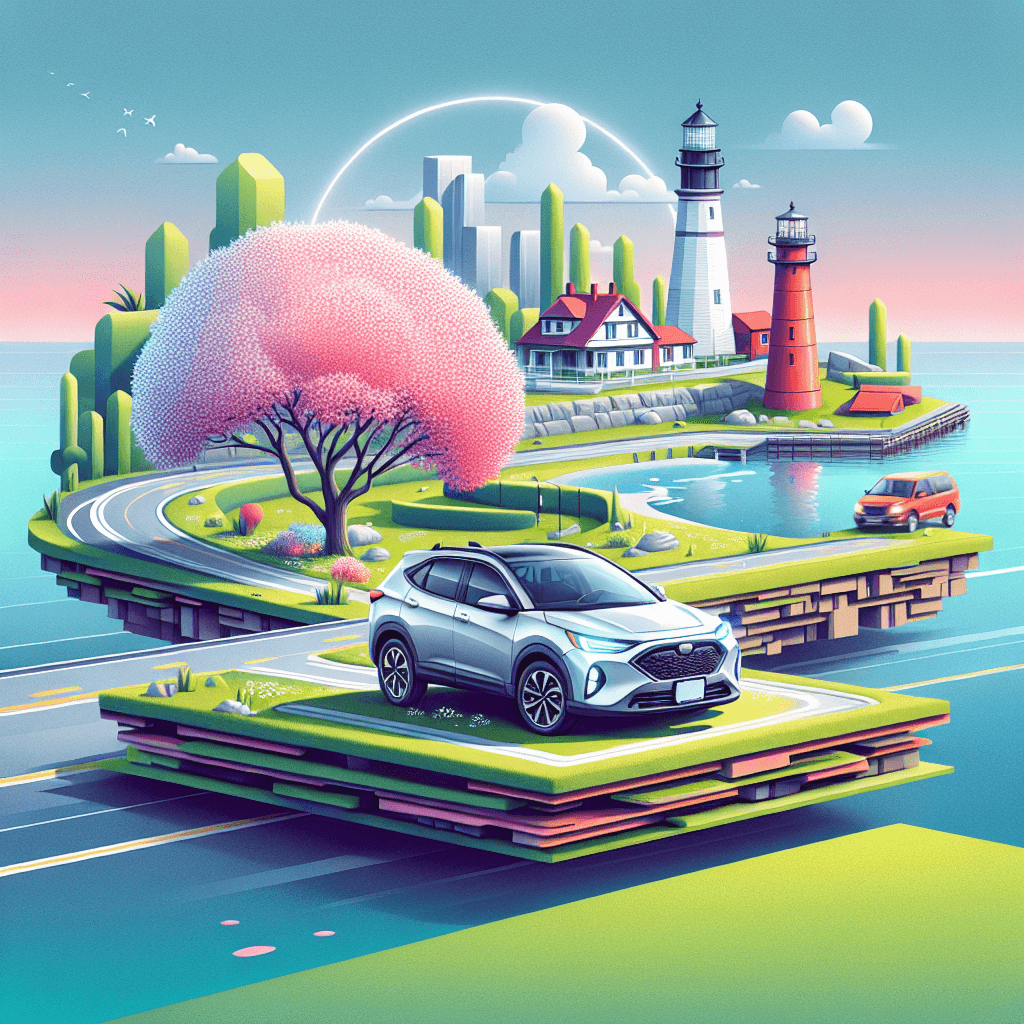 City car near cherry tree, lighthouse, and calm lake