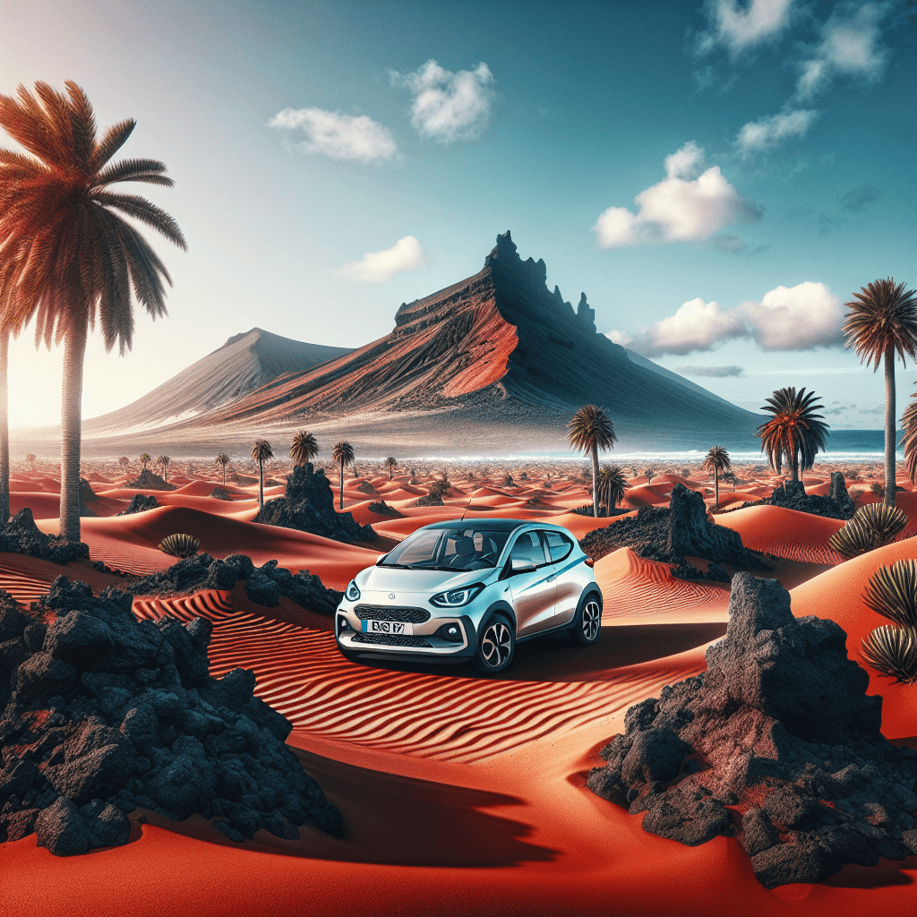 City car in Fuerteventura with red sands, palm trees, mountains.