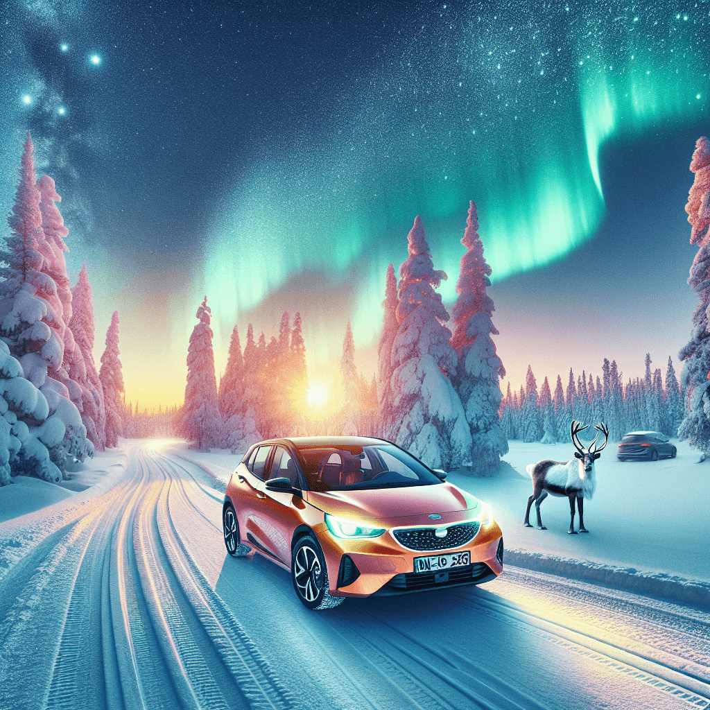City car in snow, northern lights, pine trees, grazing reindeer