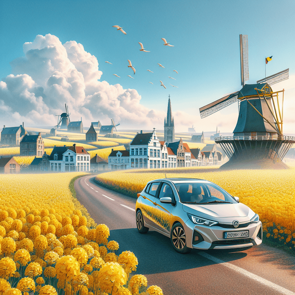 City car among yellow fields, windmill, and Flemish buildings