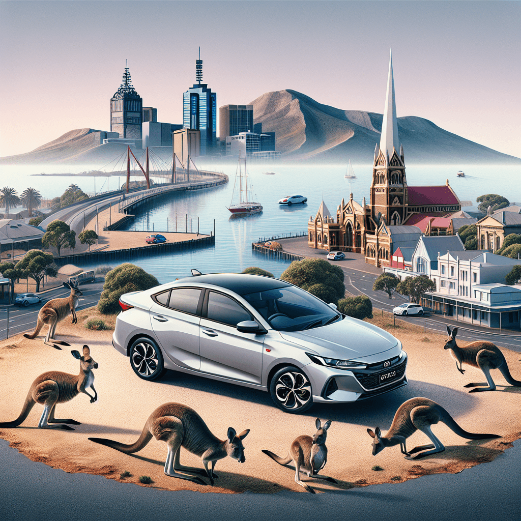 City car in Geelong landscape with kangaroos, mountains, pier
