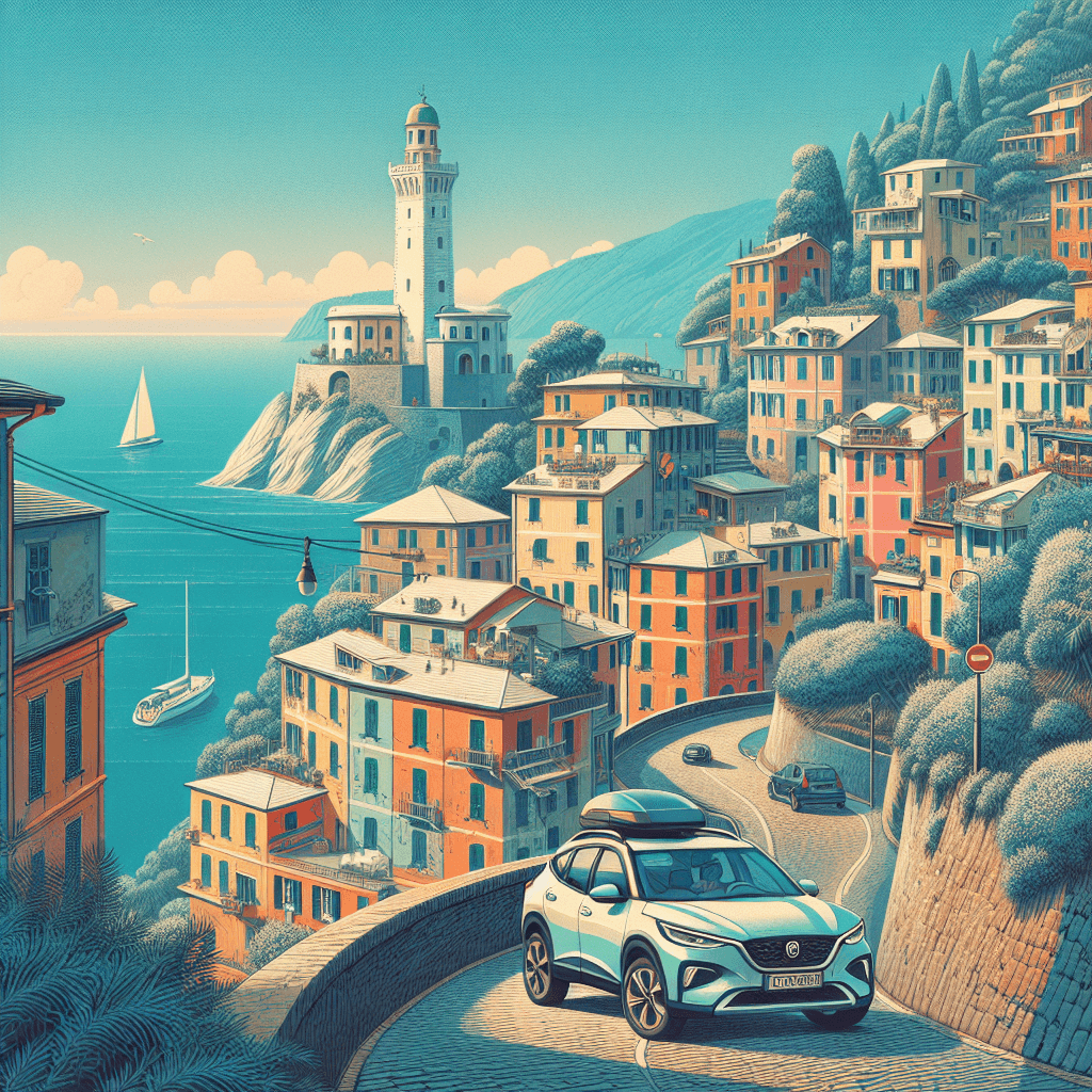 City car, Genoa's hillsides, winding streets, Lanterna lighthouse, Portofino, Ligurian Sea