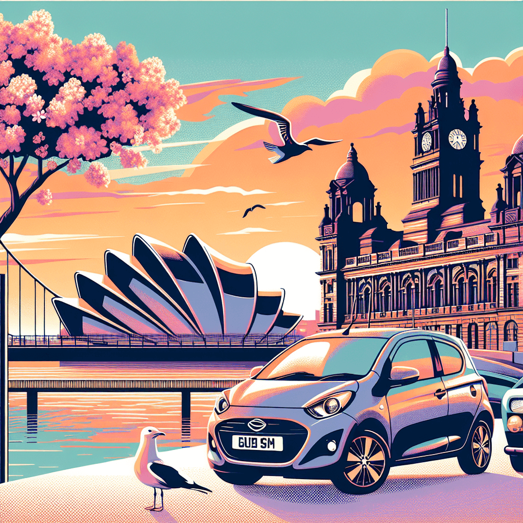 City car in Glasgow with sunset, Clyde Auditorium, Victorian structure, seagull and cherry blossom tree.
