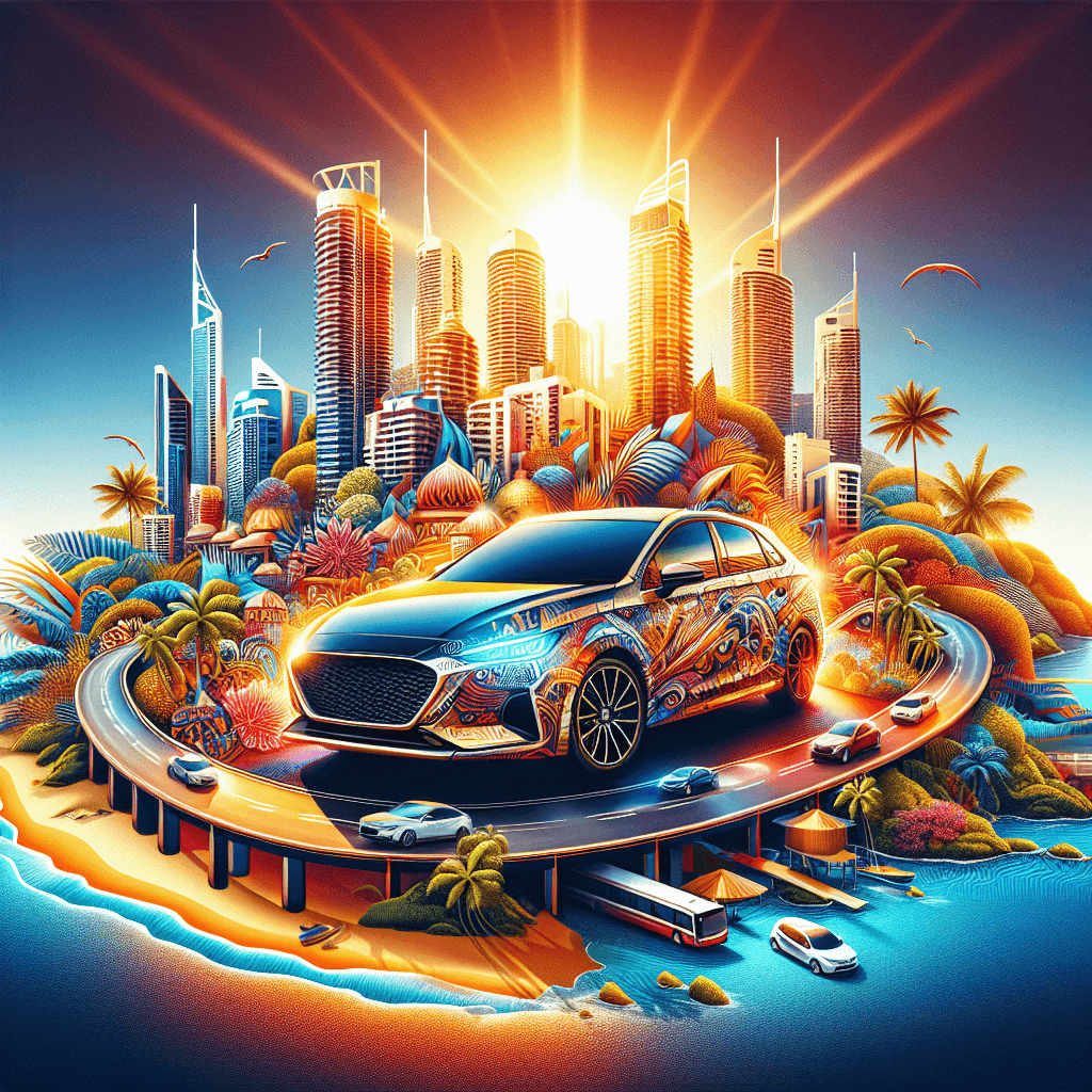 City car on Gold Coast backdrop, under radiant sun