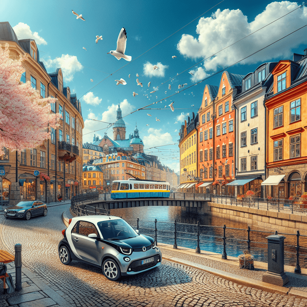 City car, tram, Gothenburg canal, architecture, seagulls, cherry blossoms