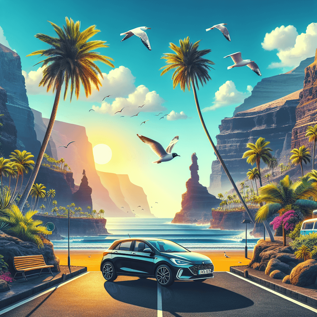 City car amidst Palm trees, beach, cliffs, and seagulls