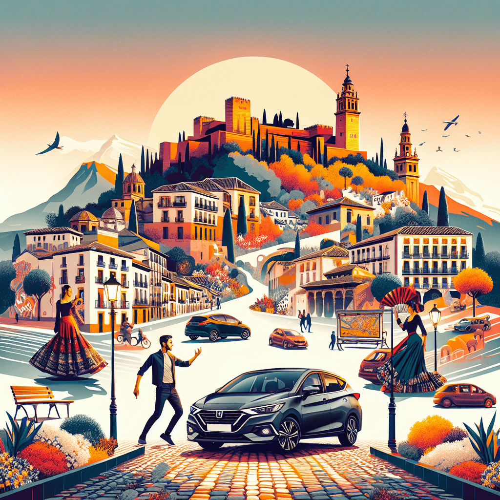 City car in Granada with Flamenco dancer, sunset and flowers