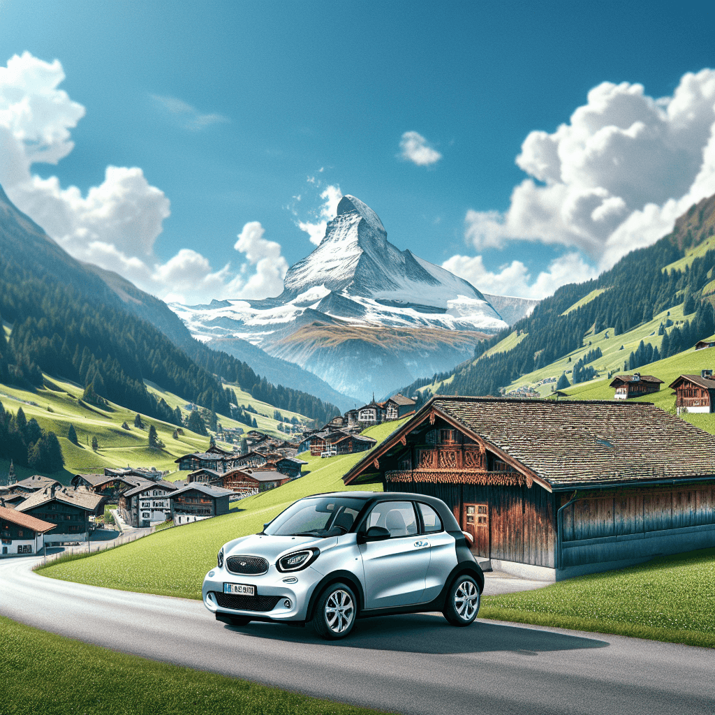 City car, Swiss chalets, snowy mountains, winding roads, Gstaad