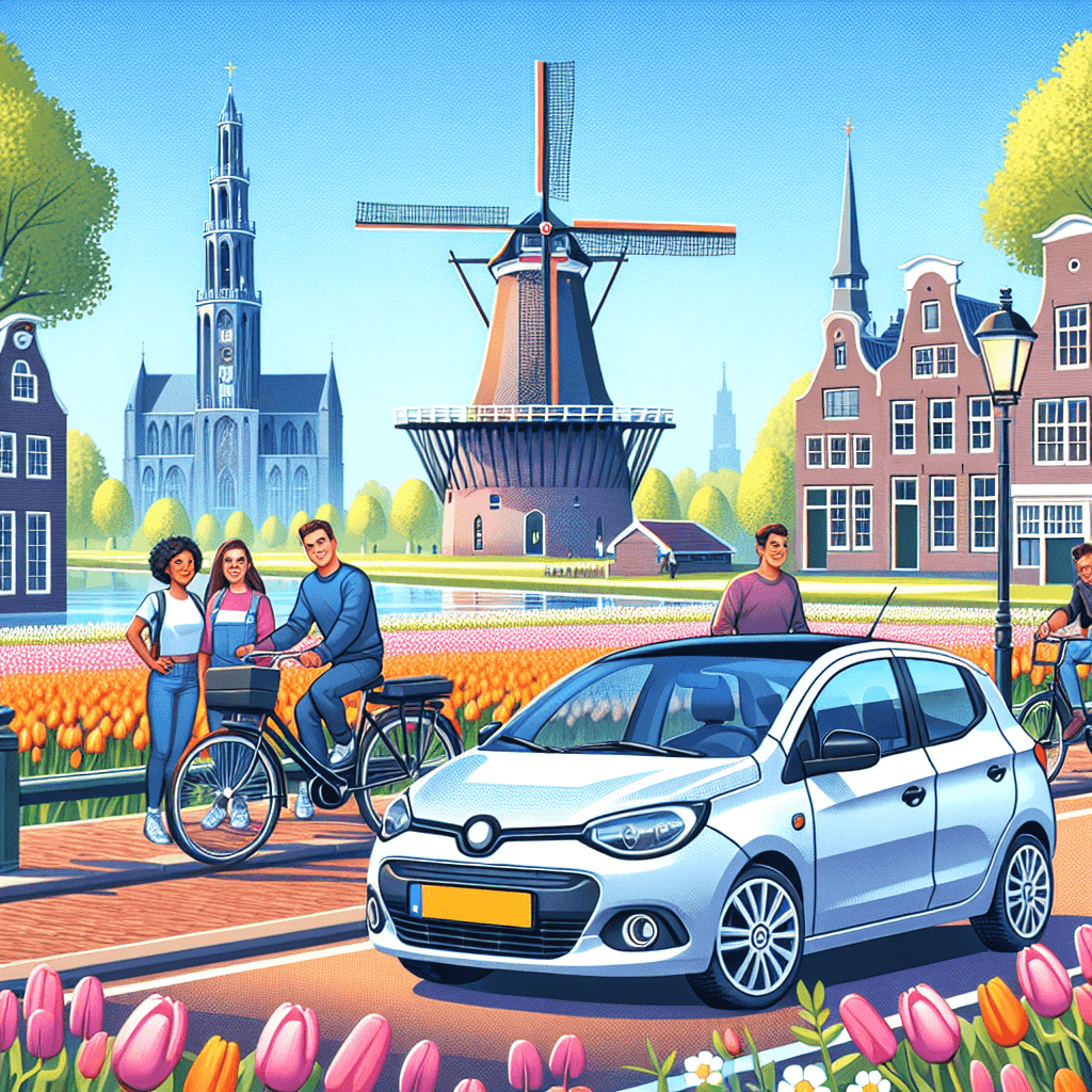 Urban car parked near tulip field, windmill, and church in Haarlem