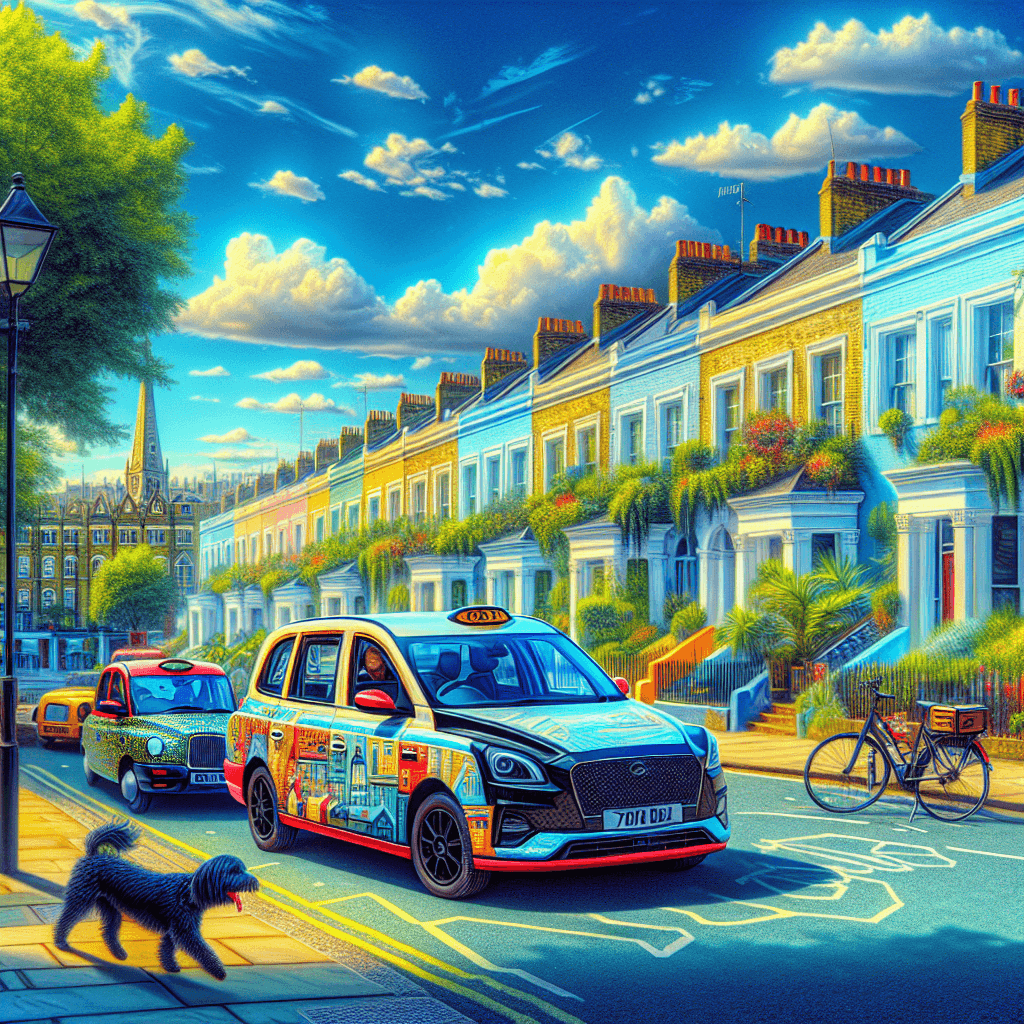 City car in Hackney setting, Victorian houses, cycling lanes, Hackney carriage