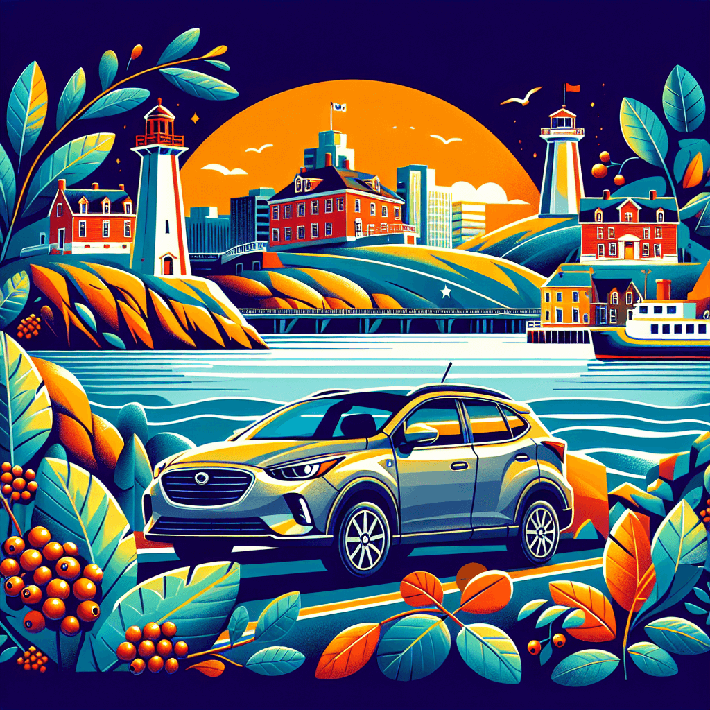 City car by Halifax waterfront, lighthouse, Citadel hill and berries