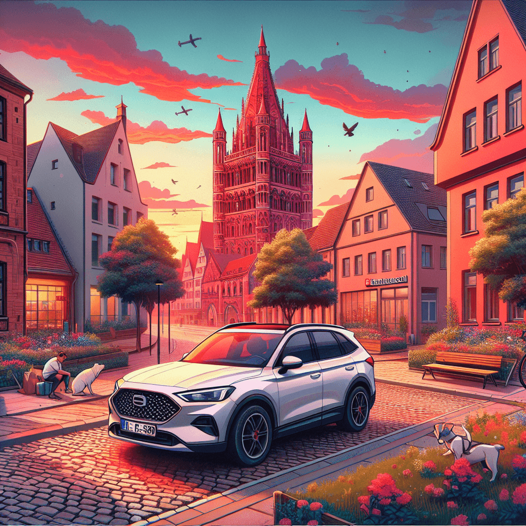 Urban car in vibrant Halle with Gothic structures and sunset