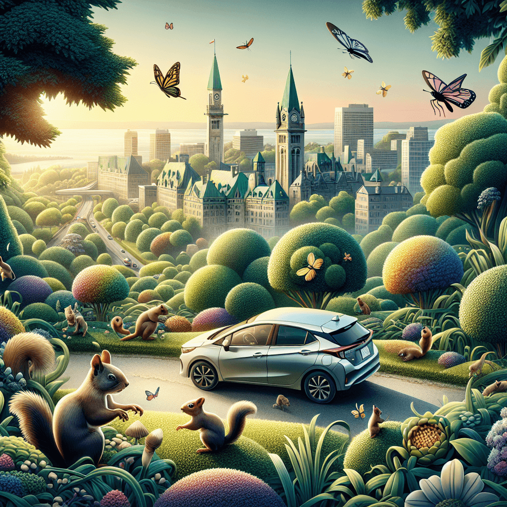 City car in Hamilton by dawn, with playful squirrels and butterflies