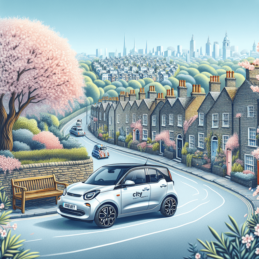 City car amidst Hampstead Heath, stone houses and blossoms