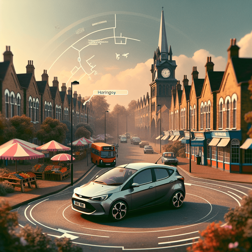 City car in quaint Haringey scene with architecture and market