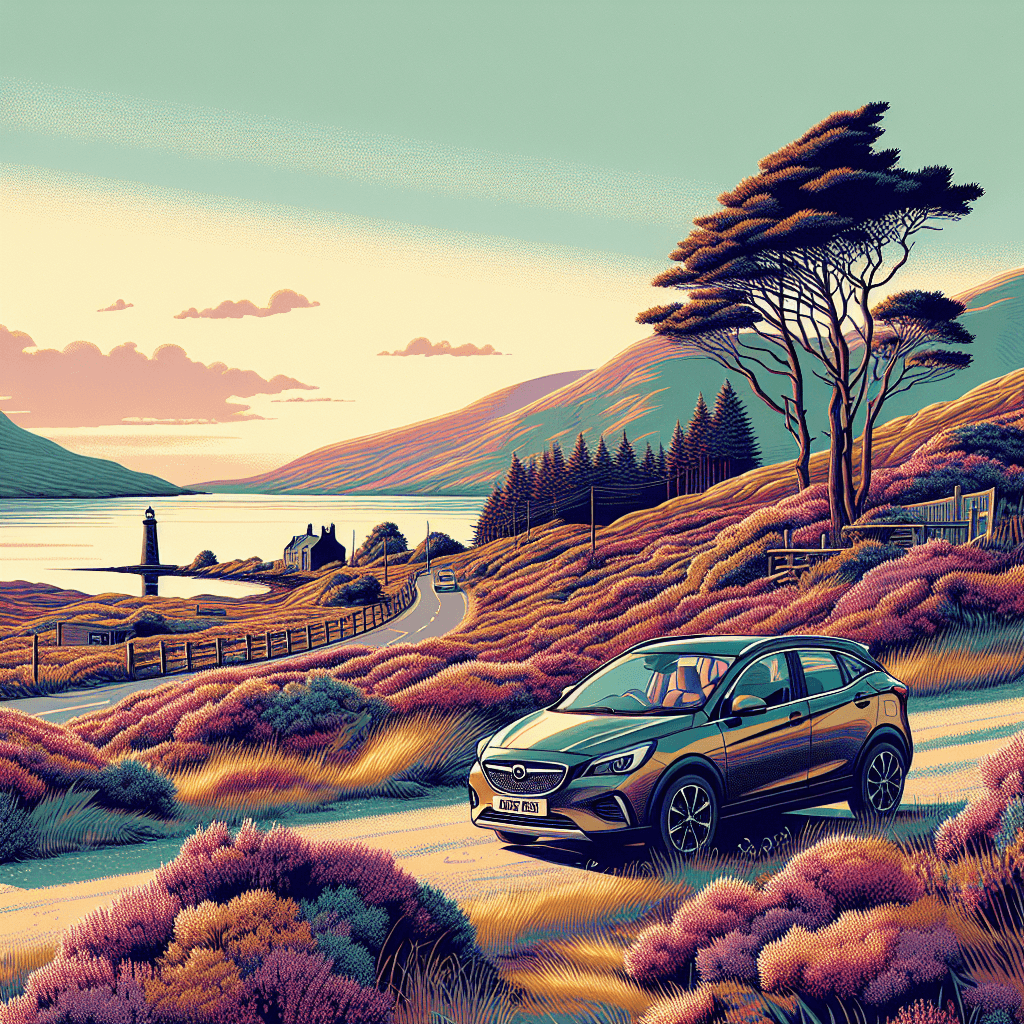 City car on Western Isles, featuring hills, loch and lighthouse