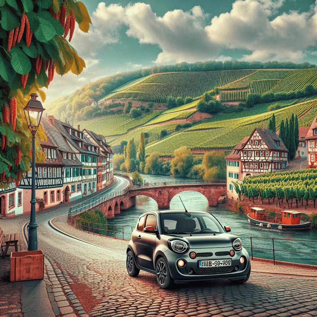 City car amidst blooming chestnut trees, traditional houses, vineyards