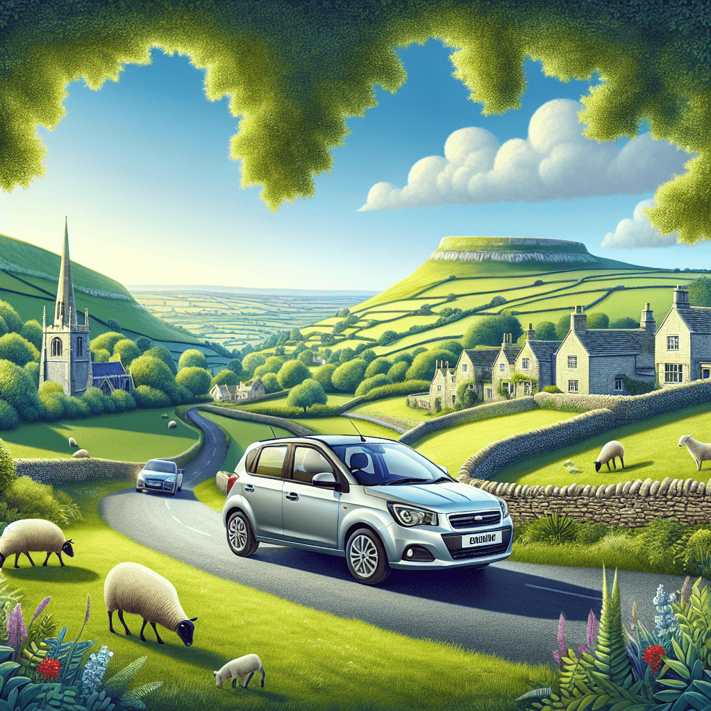 City car in rural Henbury landscape, with historical elements
