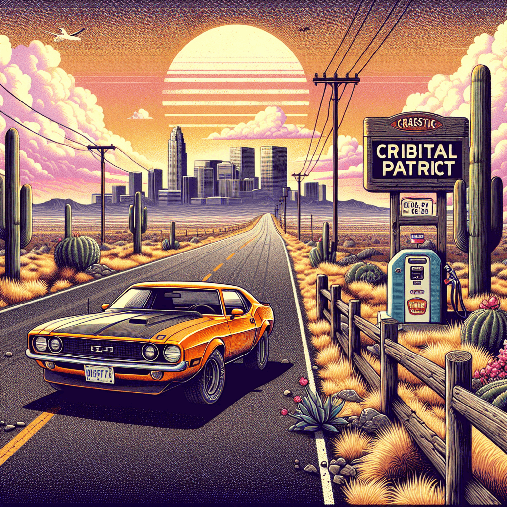 City car on open road surrounded by cacti, vintage gas station and distant city skyline in colourful sunset
