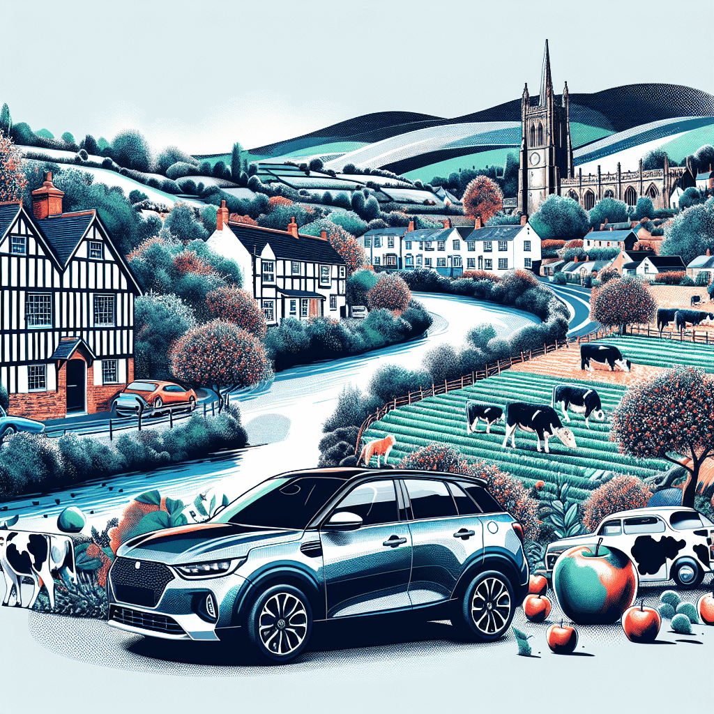 City car amidst Herefordshire landscapes, featuring cattle and timber houses