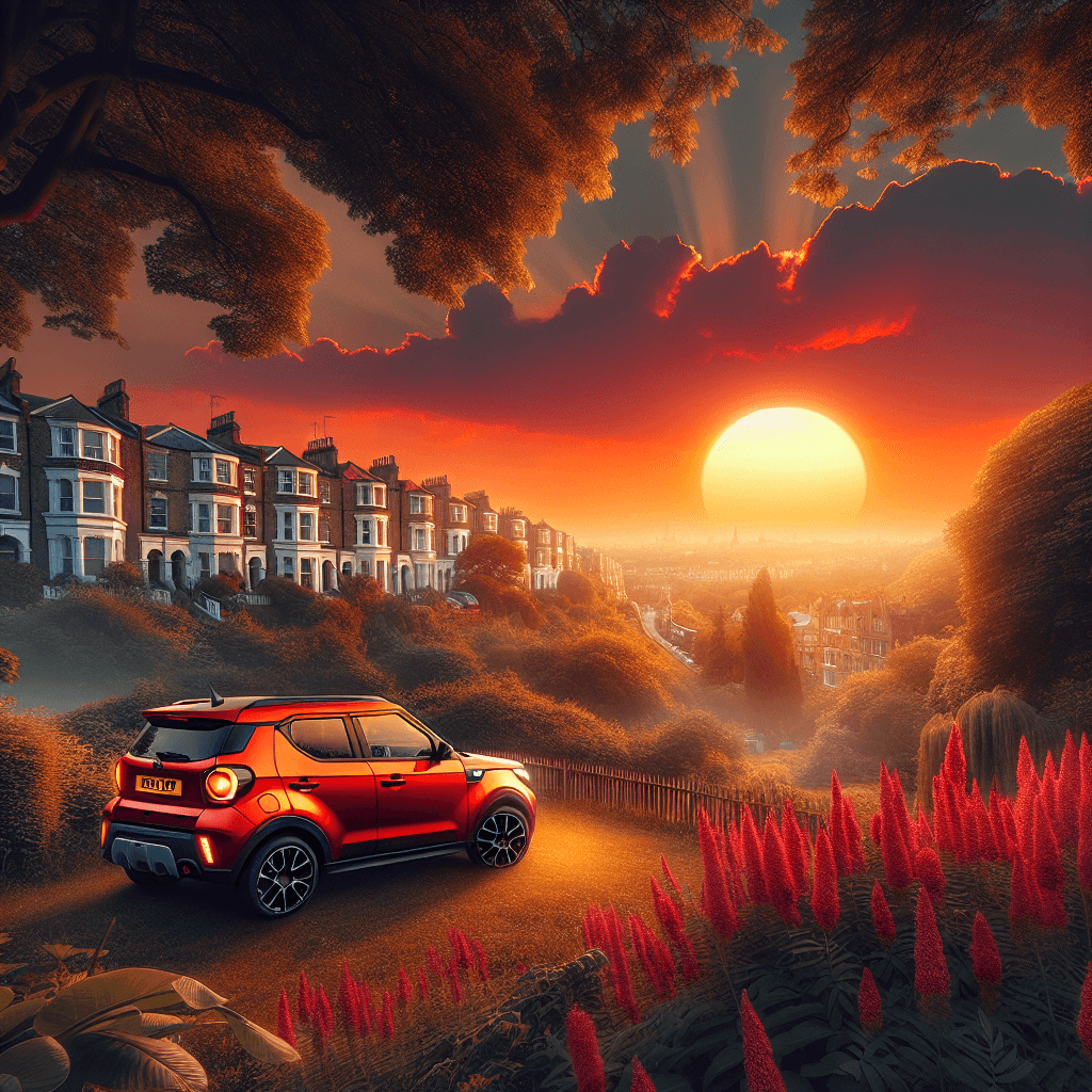Urban car standing on Highgate Hill amidst blooming flowers and Victorian housing while the sun sets