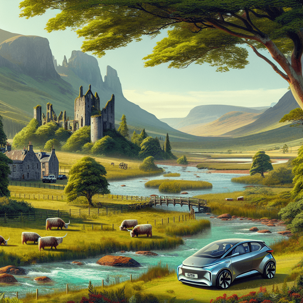 City car amidst natural Elgin setting with river, highland cows and historic castle