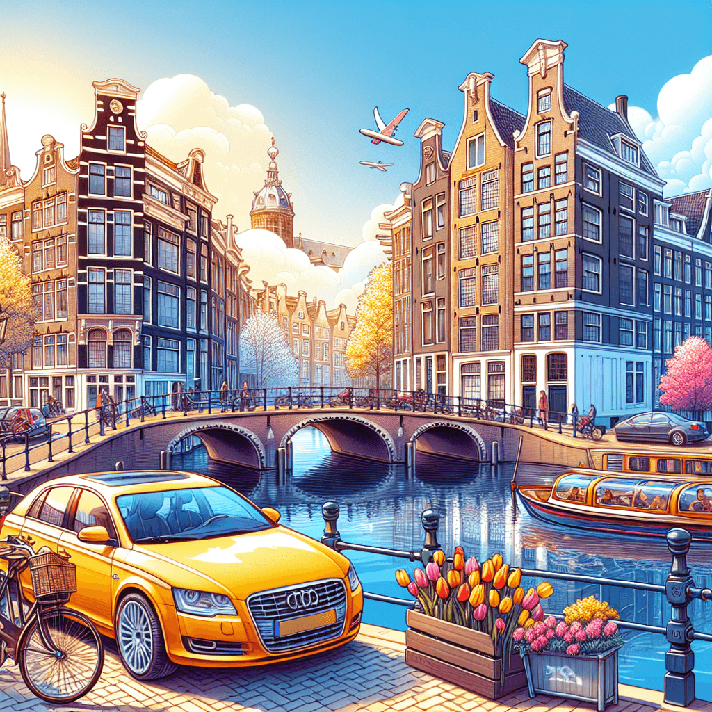Coche de ciudad, canal de Ámsterdam y luminosos tulipanes