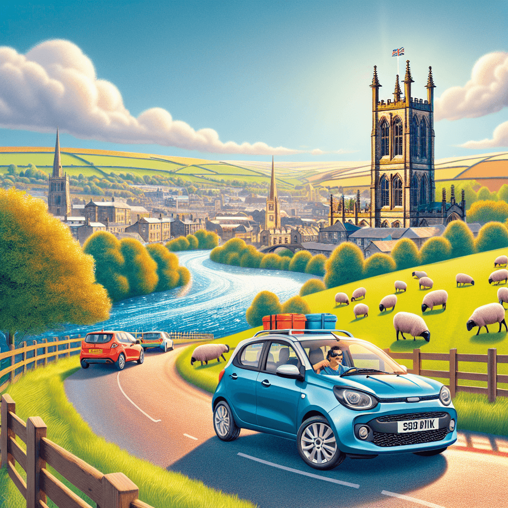 City car at Huddersfield with Victoria Tower, River Colne, sheep