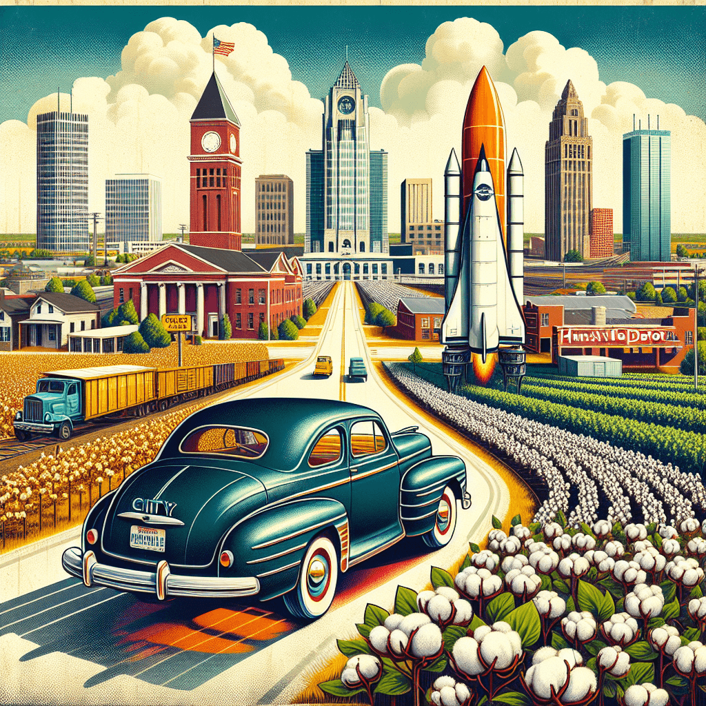 City car, Rocket City rocket, cotton fields, historic museum backdrop