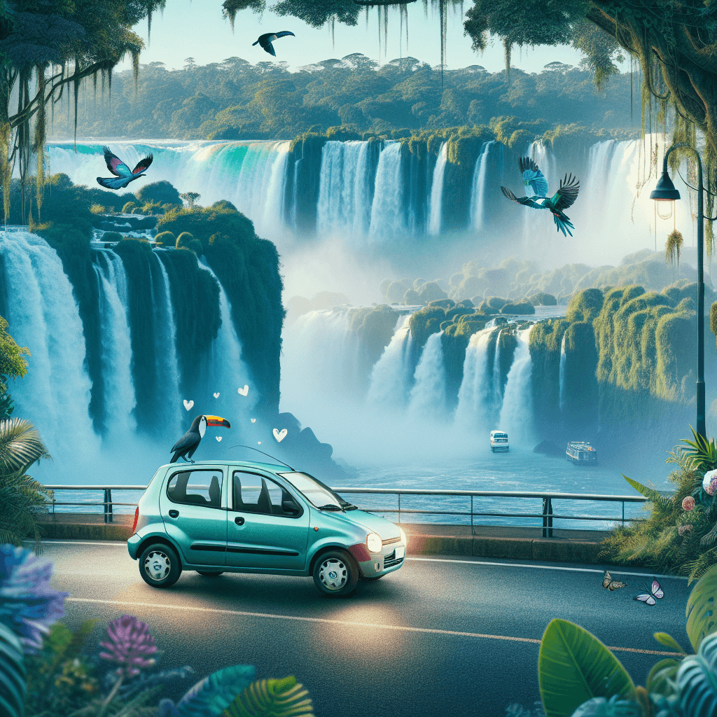 City car amidst Iguazu Falls, toucans, butterflies, lush greenery