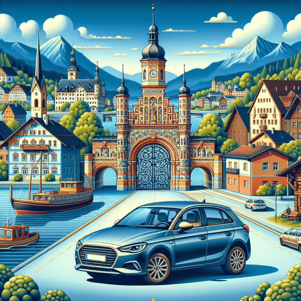 City car in Ingolstadt scene with river and clock tower