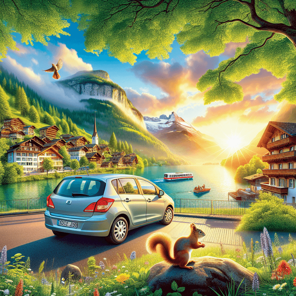 City car amidst Interlaken scenery with squirrels and sunrise