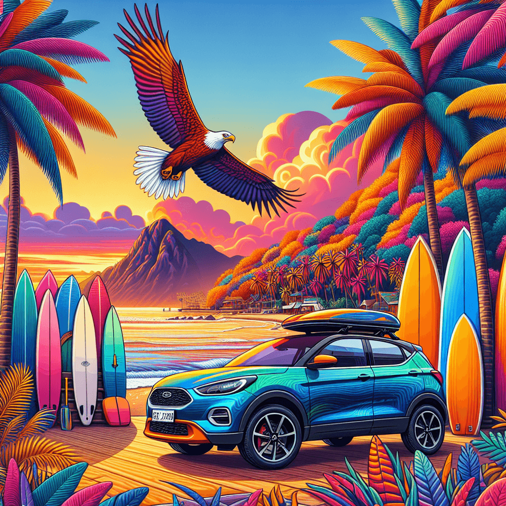 City car near palm tree, colorful Ixtapa landscape, surfboards, sunset
